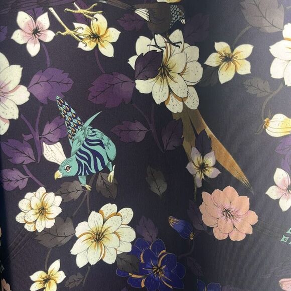 Marc Cain Purple Floral Bird Faux Leather Trim Dress Pockets US 12 N5 NWT $440 - Picture 6 of 12